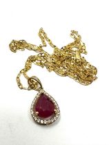 9ct gold glass filled ruby & white gemstone cluster pendant necklace (1.8g)