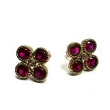 9ct gold synthetic ruby & white gemstone cluster stud earrings (2.3g)