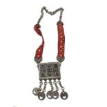 Silver 925 Afghan Kuchi tribal necklace; a large silver rectangular centerpiece set with red glass