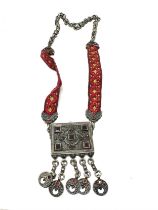 Silver 925 Afghan Kuchi tribal necklace; a large silver rectangular centerpiece set with red glass