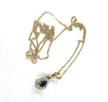 9ct gold sapphire & diamond cluster pendant & chain (1.9g)
