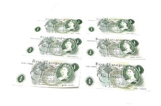 6 x 1960/61 Bank Of England One Pound Note £1 j.q.hollom