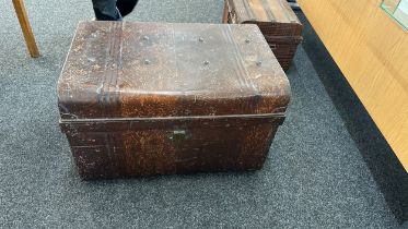Large metal storage trunk measures approximately 20 inches tall 30 inches wide 21 inches depth