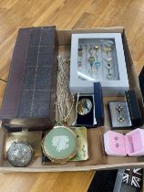 Box of costume jewellery - rings, earrings, powder compacts, watches etc