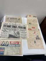 Selection of vintage newspapers etc includes titanic