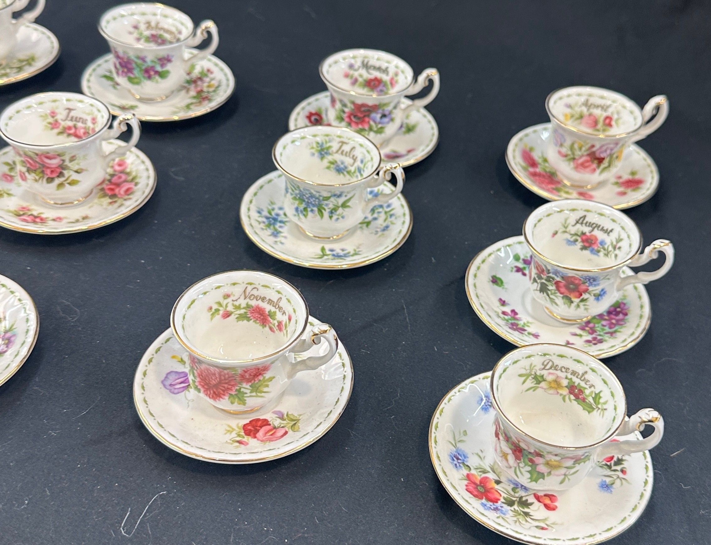 Set 12 miniature Royal Albert flowers of the month cups and saucers, Jan- Dec - Image 6 of 9