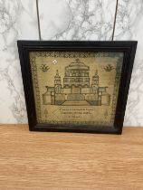 Antique framed needlework sampler of St Pauls Cathedral by Charlotte Pyke, aged 8 years. 19th