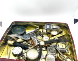 Tin of collectables to include victorian fine silver pocket watch, vesta case, wrist watches, pen