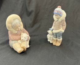 Lladro Eskimo / Inuit children with polar bears, both in good overall condition