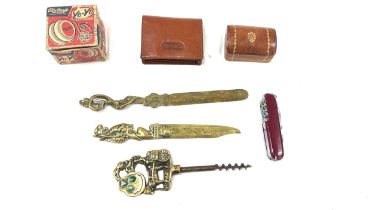 Selection of vintage collectable items to include yo yo, pen knife, brass letter opener etc