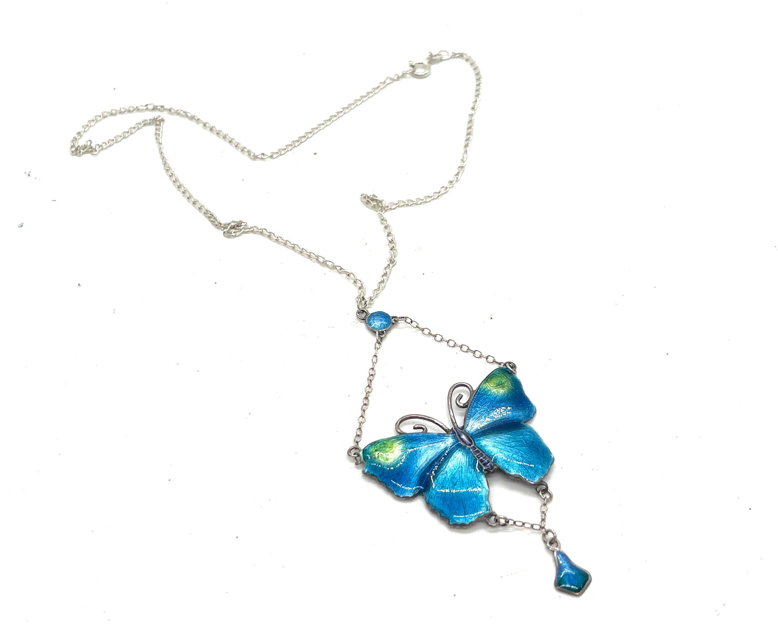 Superb sterling silver and enamel butterfly pendant and chain. Wingspan 4cm