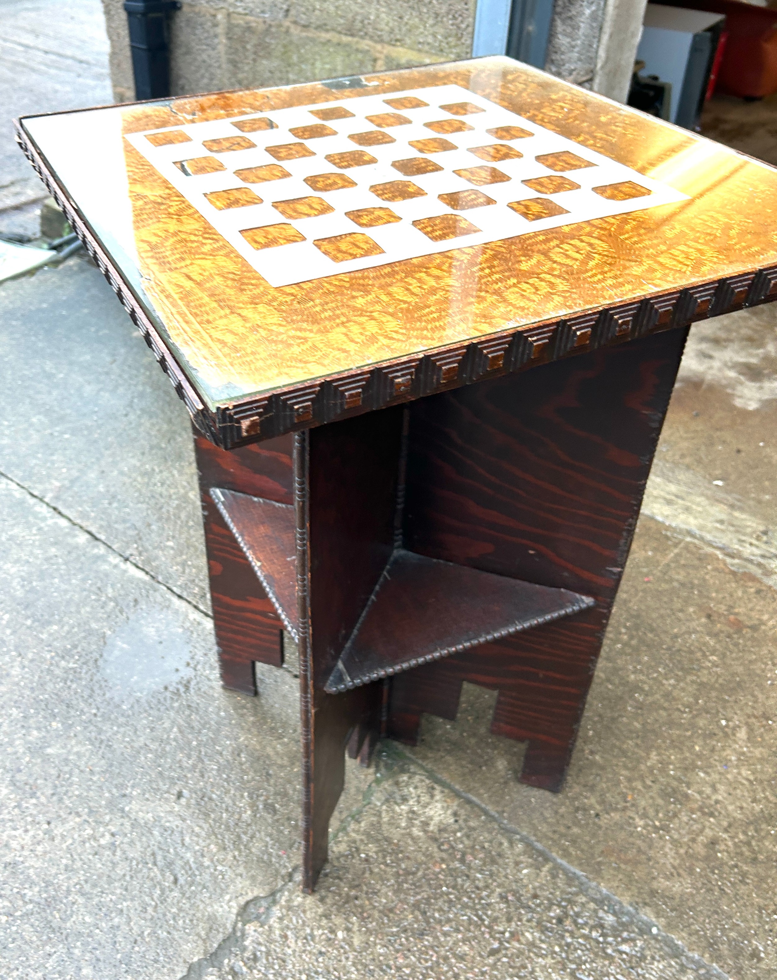 Small vintage carved games table measures approximately 29 inches tall 20 inches square - Image 2 of 3