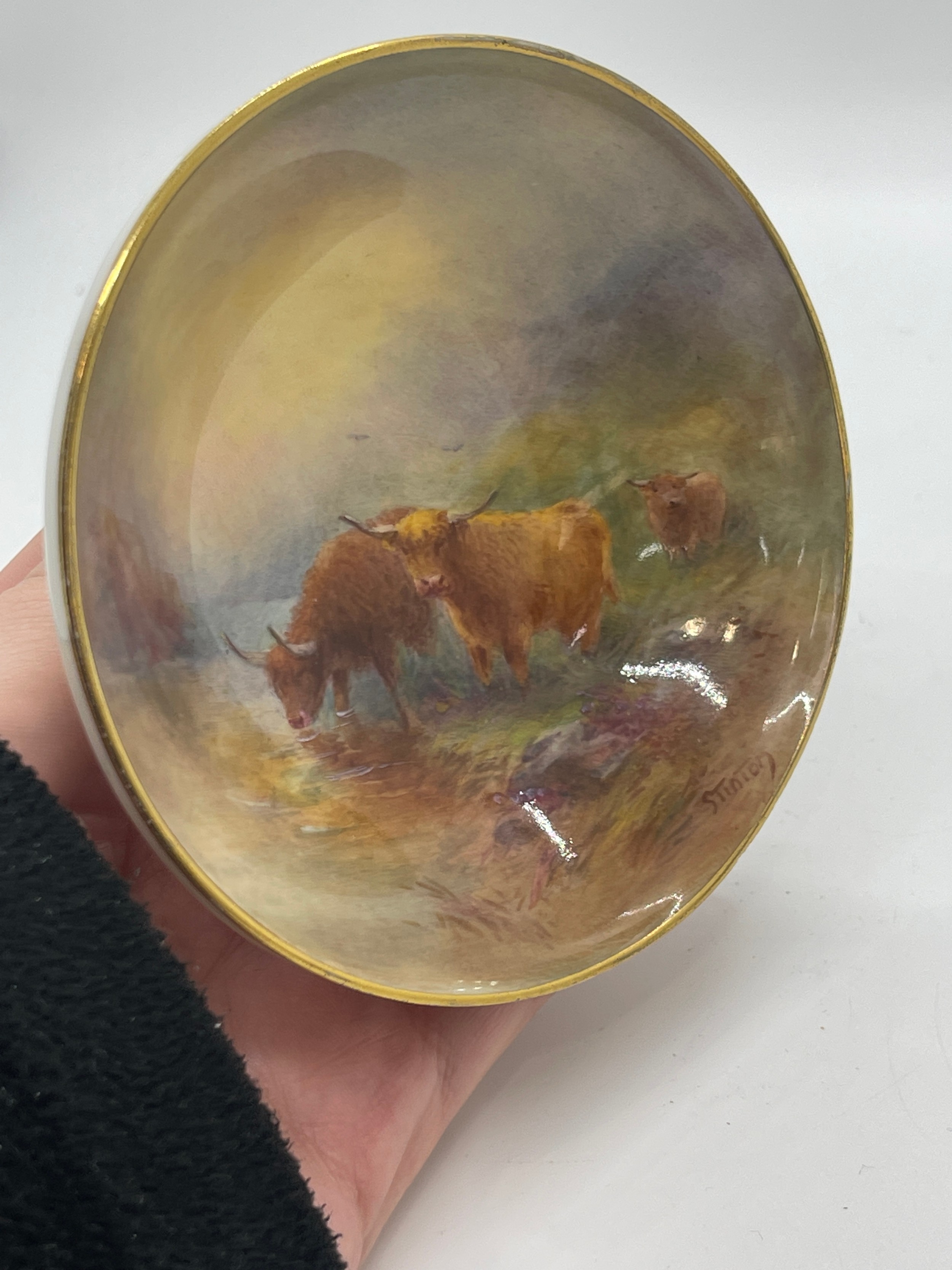 Hand painted Royal Worcester bowl Highland Cattle signed Stinton Puce Mark. - Bild 5 aus 5