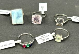 Selection of 5 ladies Gempori stone set silver rings, ring size T/U, all with COA