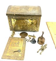 Brass slipper box with a selection of brass ware