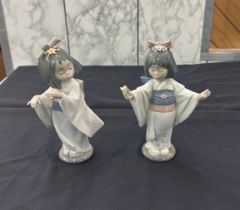 Two Lladro oriental girl figures largest measures approx 8 inches tall