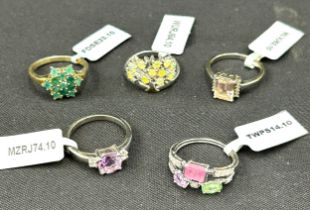 Selection of 5 ladies Gempori stone set silver rings, ring size T/U, all with COA