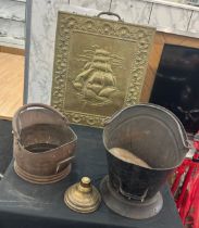 Selection of metalware to include two buckets and a fire screen