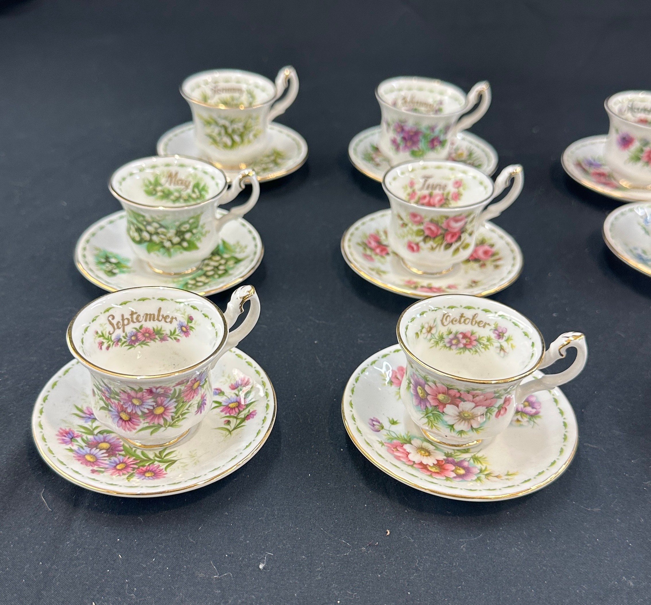 Set 12 miniature Royal Albert flowers of the month cups and saucers, Jan- Dec - Image 2 of 9