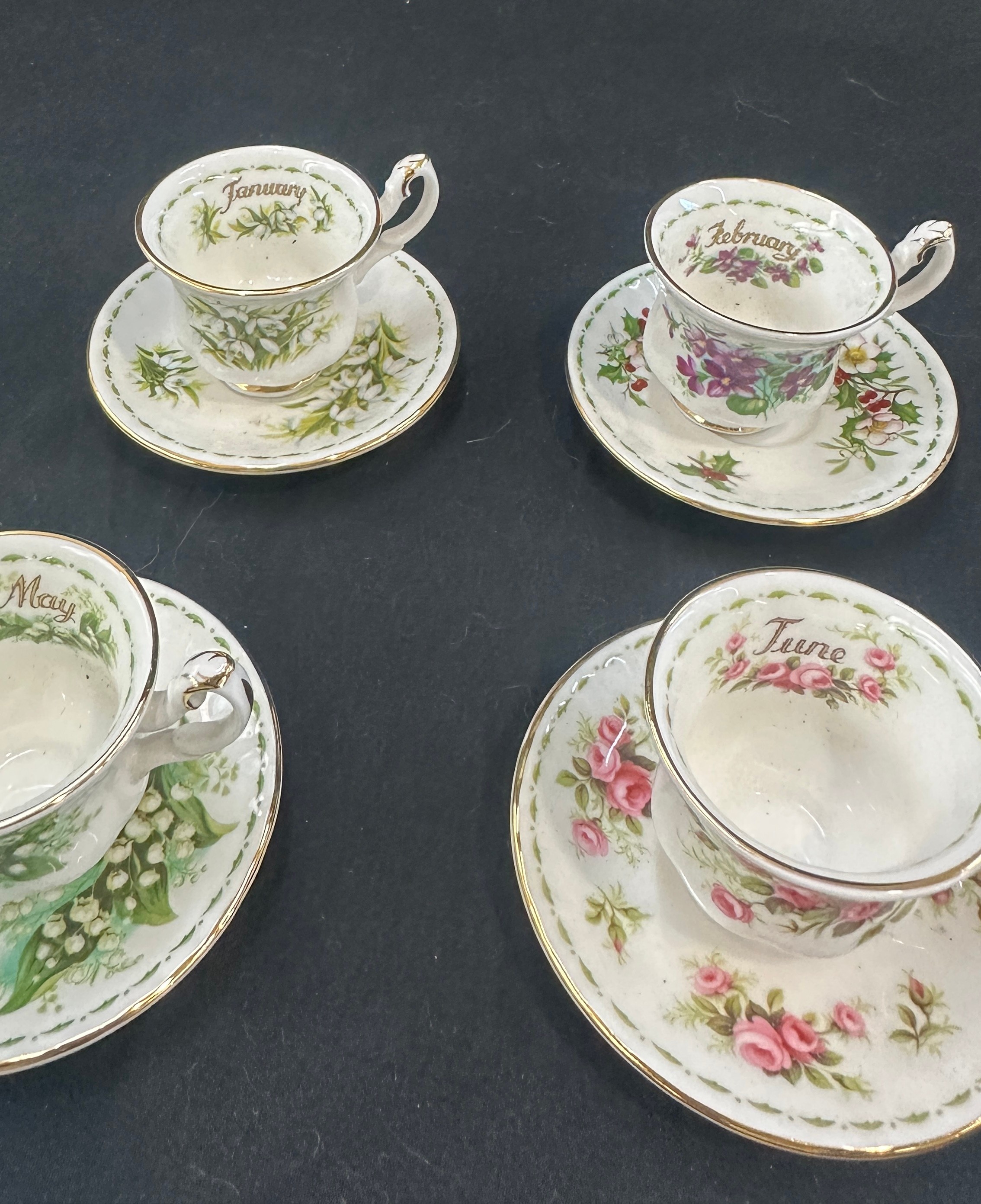 Set 12 miniature Royal Albert flowers of the month cups and saucers, Jan- Dec - Image 5 of 9