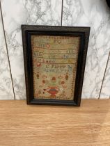 Antique framed needlework sampler by E.Perry, age 9. 1883. Size 26 x 36 cm