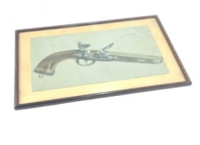 Signed framed drawing of a gun, dated 1911, frame measures approximately