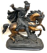 Large spelter Richard the first figure on a resin base 52cm tall 52cm wide, damaged