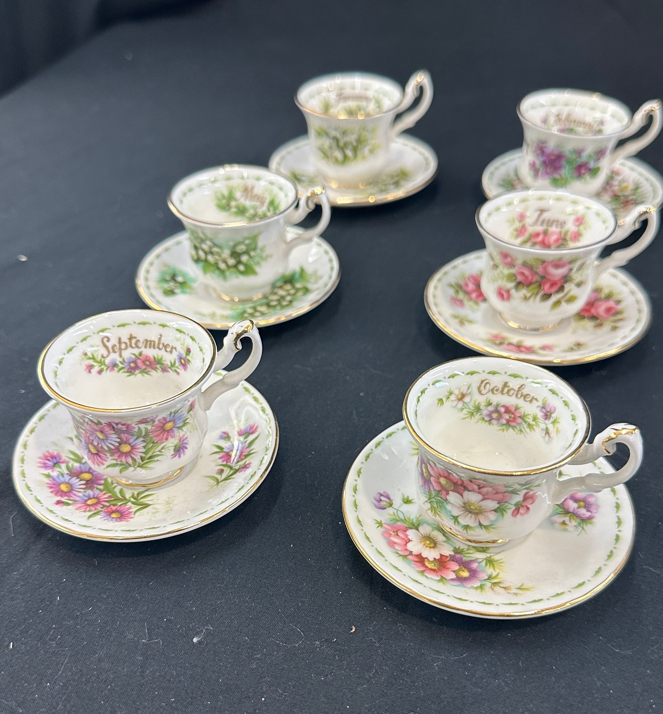 Set 12 miniature Royal Albert flowers of the month cups and saucers, Jan- Dec - Image 3 of 9