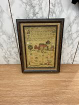 Print of an antique needlework sampler frame size 28 x 37 cm.