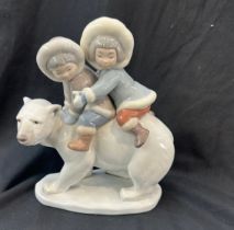 Lladro Polar Bear With Inuit / Eskimo Children, in good overall condition
