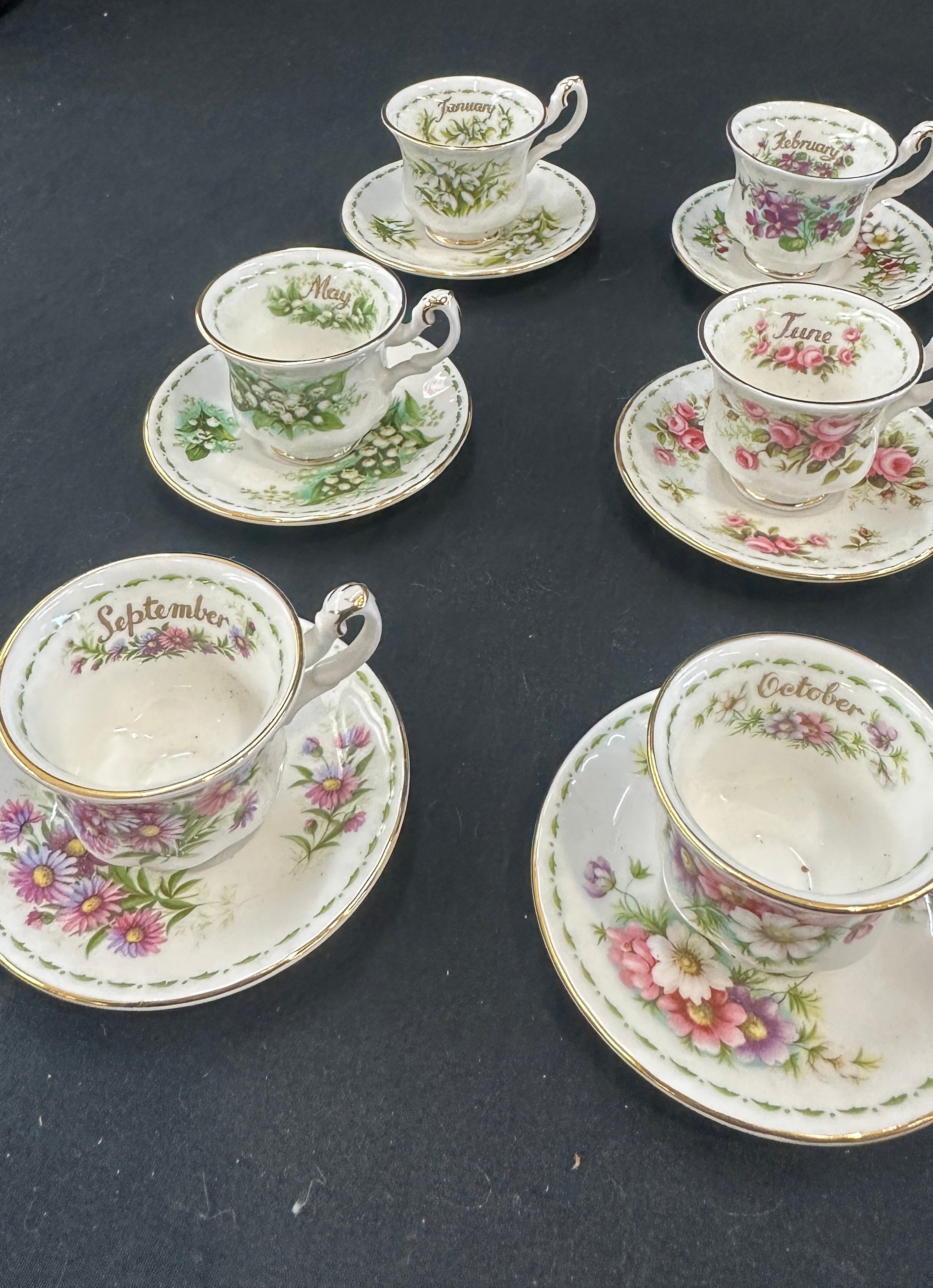 Set 12 miniature Royal Albert flowers of the month cups and saucers, Jan- Dec - Image 4 of 9