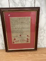 Antique framed needlework sampler by Bertha Annie Follows, aged 8. Costock 1882. Size 35 x 46 cm (