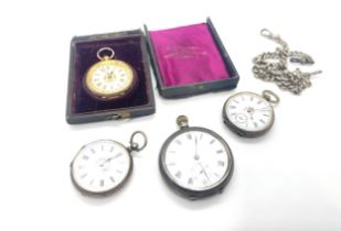 Sterling silver double albert pocket watch chain and four silver pocket watches