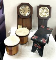 Selection of items to include a bongo, two clocks and a stool