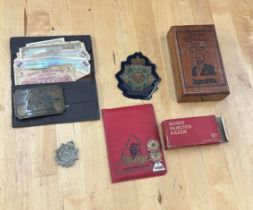 Selection of collectables includes Cigar box, Military notes, badges etc