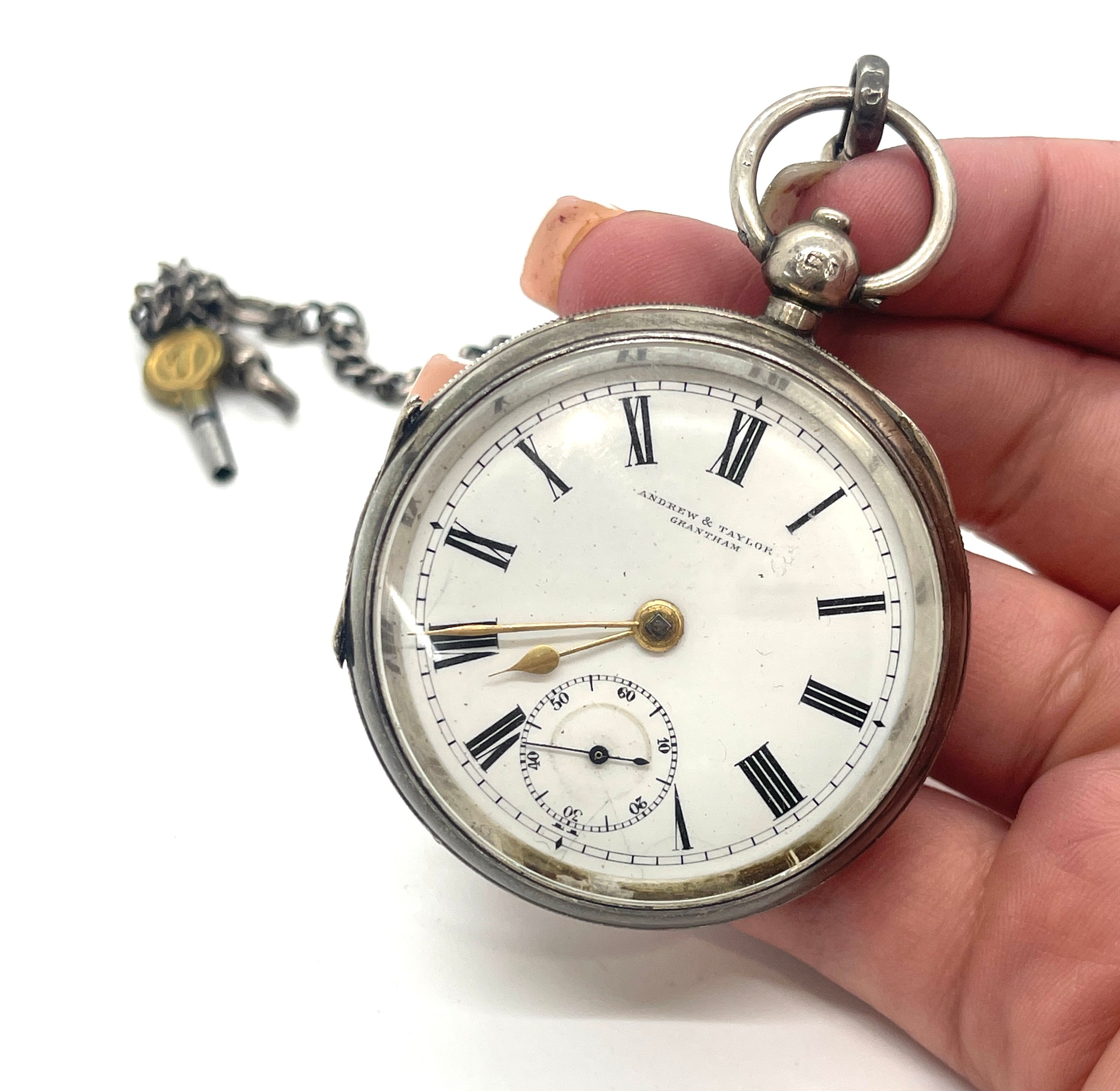 Sterling silver pocket watch and chain watch marked Andrew and Taylor Grantham, untested - Bild 2 aus 3