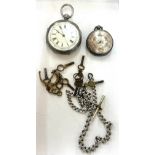 Vintage silver pocket watch and a ladies silver fob watch along with a silver Albert chain