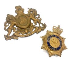 Ministry of Defence police helmet plate together with victorian Royal Cipher plaque