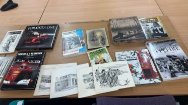 Selection of books to include Formula 1, World war, Spite fire, History print sketches etc