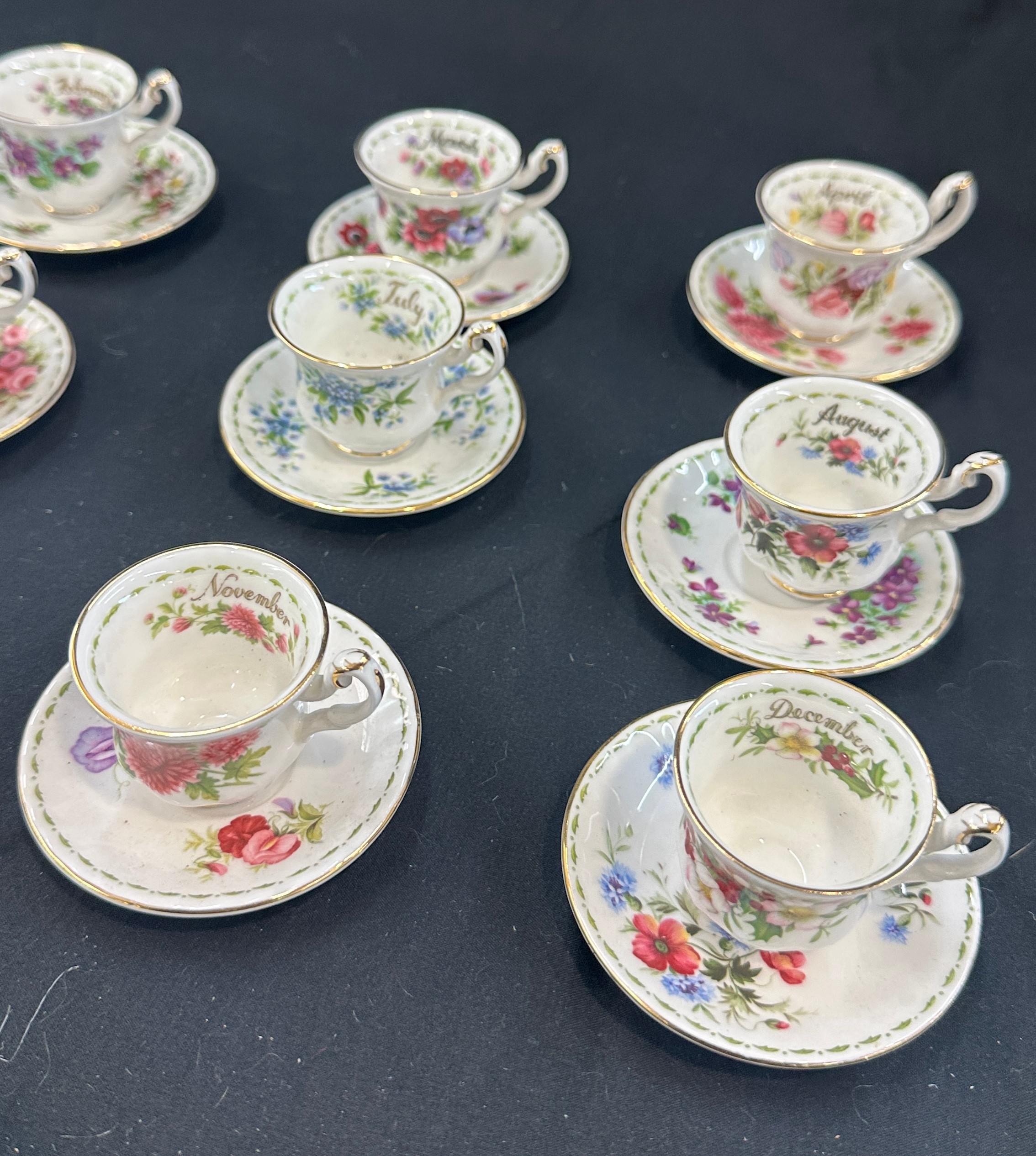 Set 12 miniature Royal Albert flowers of the month cups and saucers, Jan- Dec - Image 7 of 9