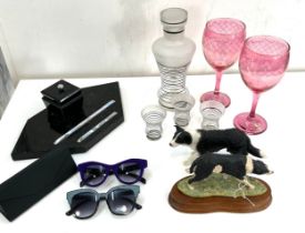 Selection of collectables to include coloured glassware, border fine art Collie, desk tidy etc