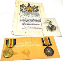 K.I.A ww1 medal pair to PRIVATE F BRAMLEY Service Number: 33098 Regiment & Unit/Ship York and