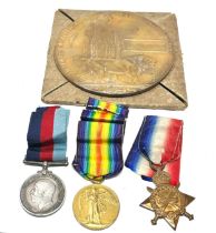 WW1 Death plaque & trio of medals to t4-1895 pte w .cottam r.lanc .r original card envelope for