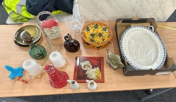 Selection of miscellaneous includes meat plates, glass ware, light shades etc