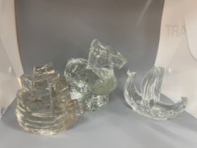 3 Large glass viking theme glass paper weights includes Viking ship etc