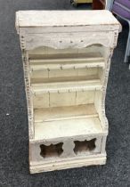 White washed wooden spice rack measures approx 30 inches tall by 16 inches wide