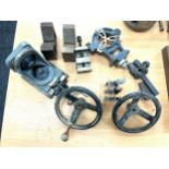 Selection of lathe accessories to include a steady, boring bars, pair handle wheels etc