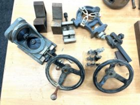 Selection of lathe accessories to include a steady, boring bars, pair handle wheels etc