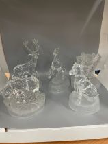 Selection of 5 hollow bottom glass paperweights includes horse, reindeer, Koalas etc