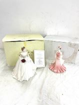 Two Coalport lady figures with box, includes Her Hearts Desire and ladies of fashion Sue